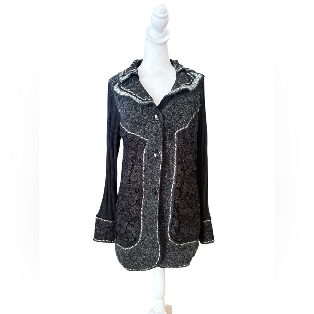 Sioni Sweater Coat Wool Mohair Blend Black Gray Lace Women Medium Art To Wear